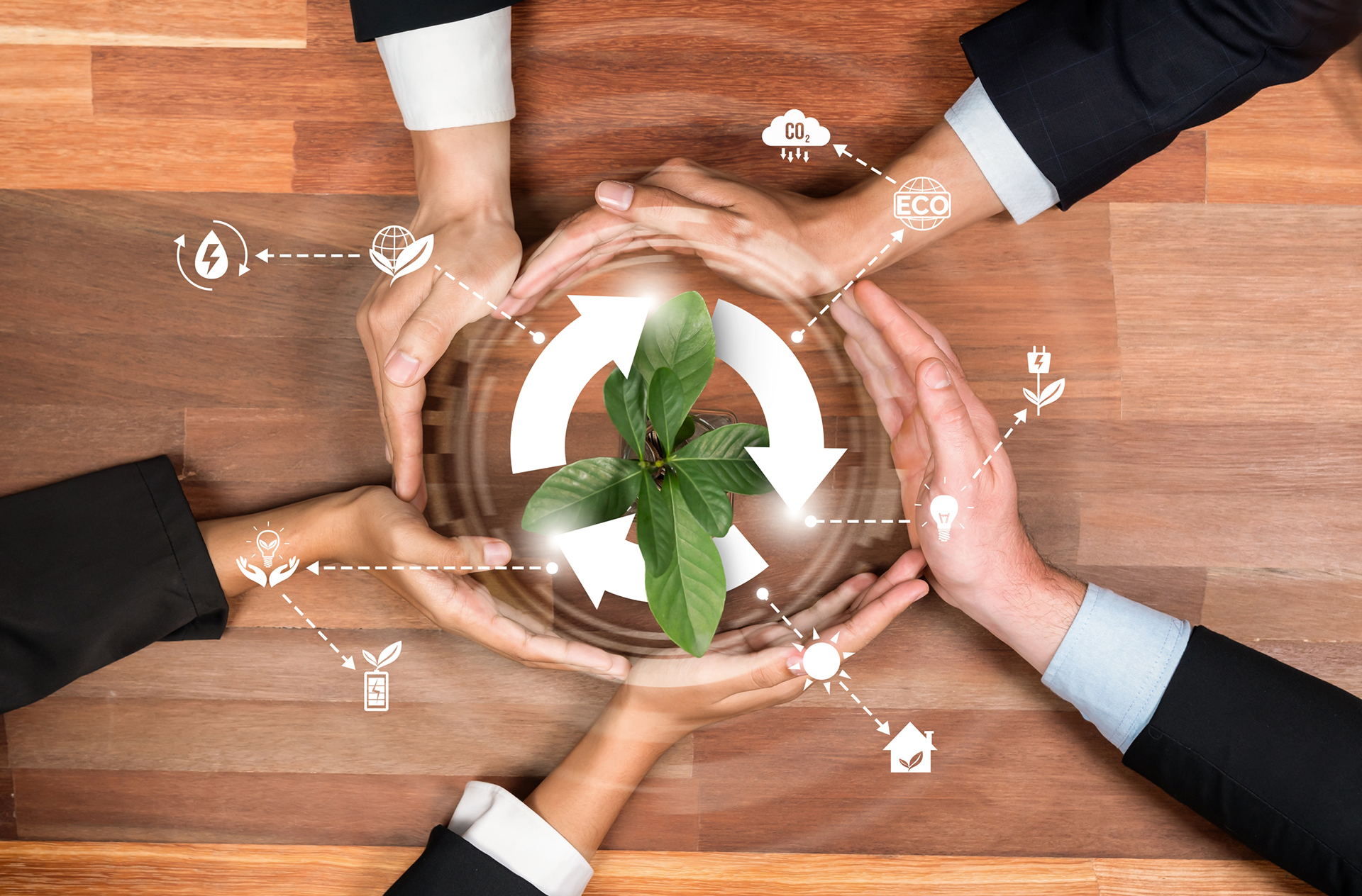 Business partnership hold Earth globe together with eco sustainability. Reliance